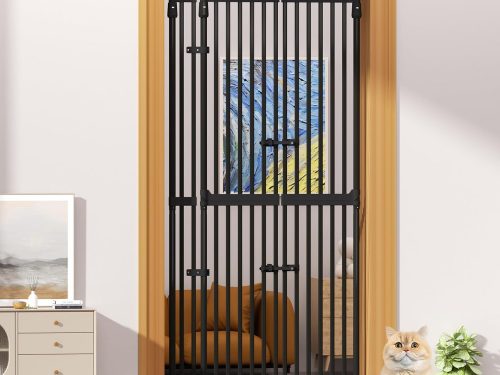 74.8"-90.5" Extra Tall Cat Gate for Doorway, Auto‑Close, No‑Drill Pressure‑Mount with 3 Support Pillars & Double‑Door, Fits 30.3–38.2″ Openings, 1.37″ Narrow Gap, Extension Kit Included, Black