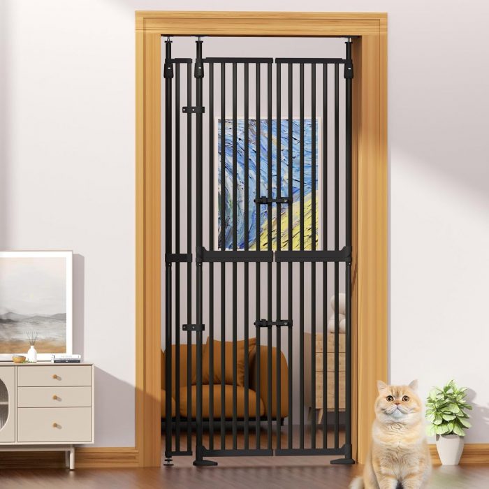 74.8"-90.5" Extra Tall Cat Gate for Doorway, Auto‑Close, No‑Drill Pressure‑Mount with 3 Support Pillars & Double‑Door, Fits 30.3–38.2″ Openings, 1.37″ Narrow Gap, Extension Kit Included, Black